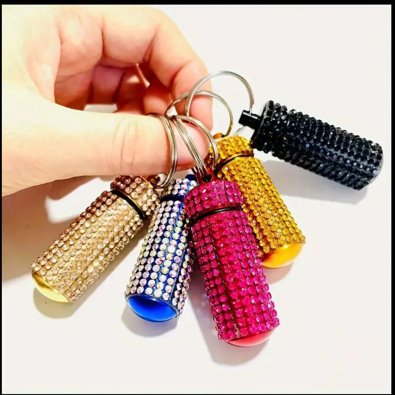 Gold Crystal Metal Bottle Encrusted Keychain Bling Container Portable Box Ring