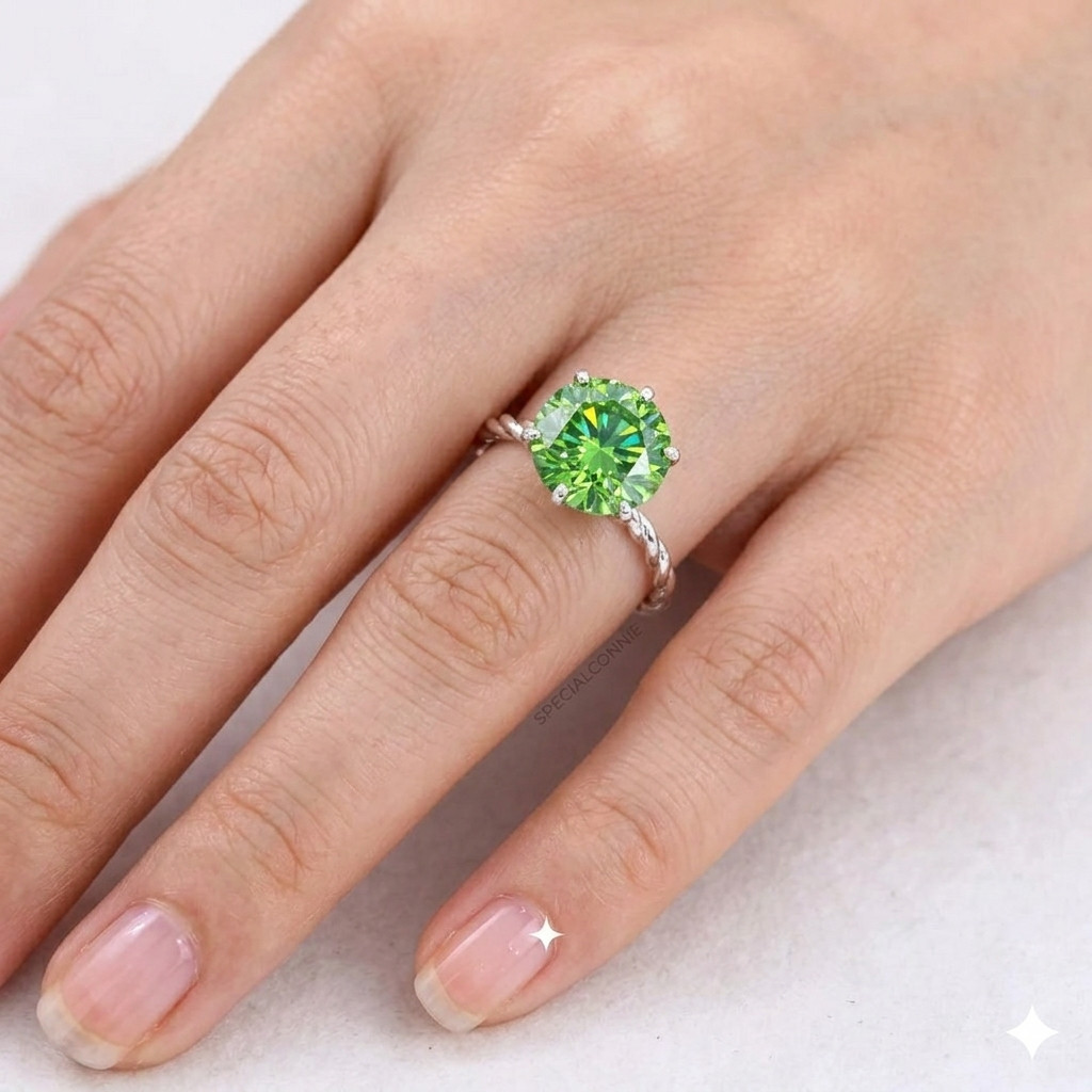 6.00 Ct Certified Leaf Green Diamond Ring, Free Diamond Studs