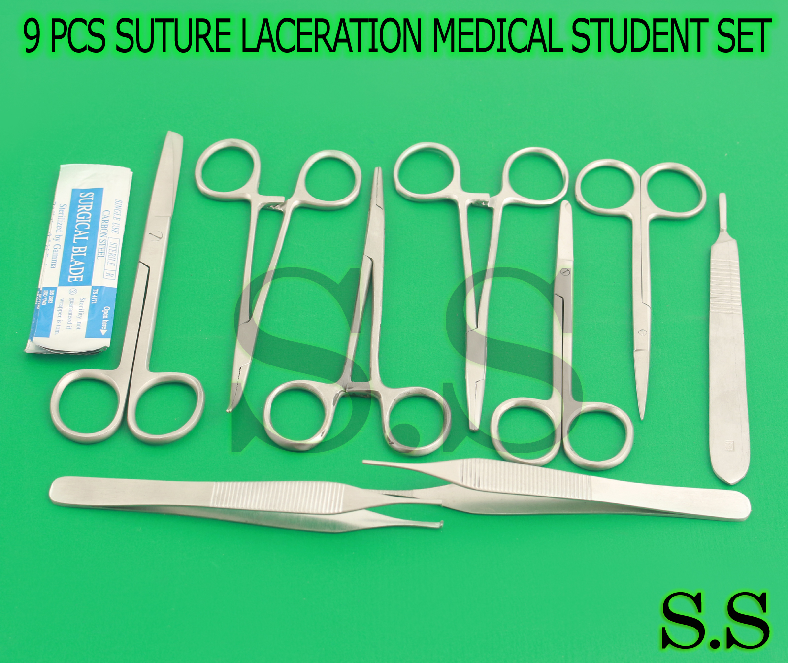9 PCS SUTURE LACERATION MEDICAL STUDENT SURGICAL INSTRUMENTS KIT + 7 BLADES # 12
