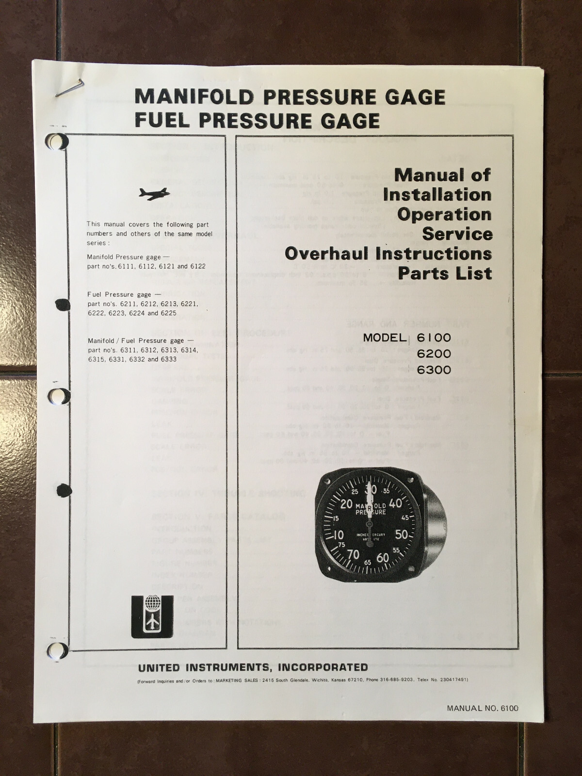 United, Manifold & Fuel Pressure Gage 6100, 6200, 6300 Overhaul & Parts Manual