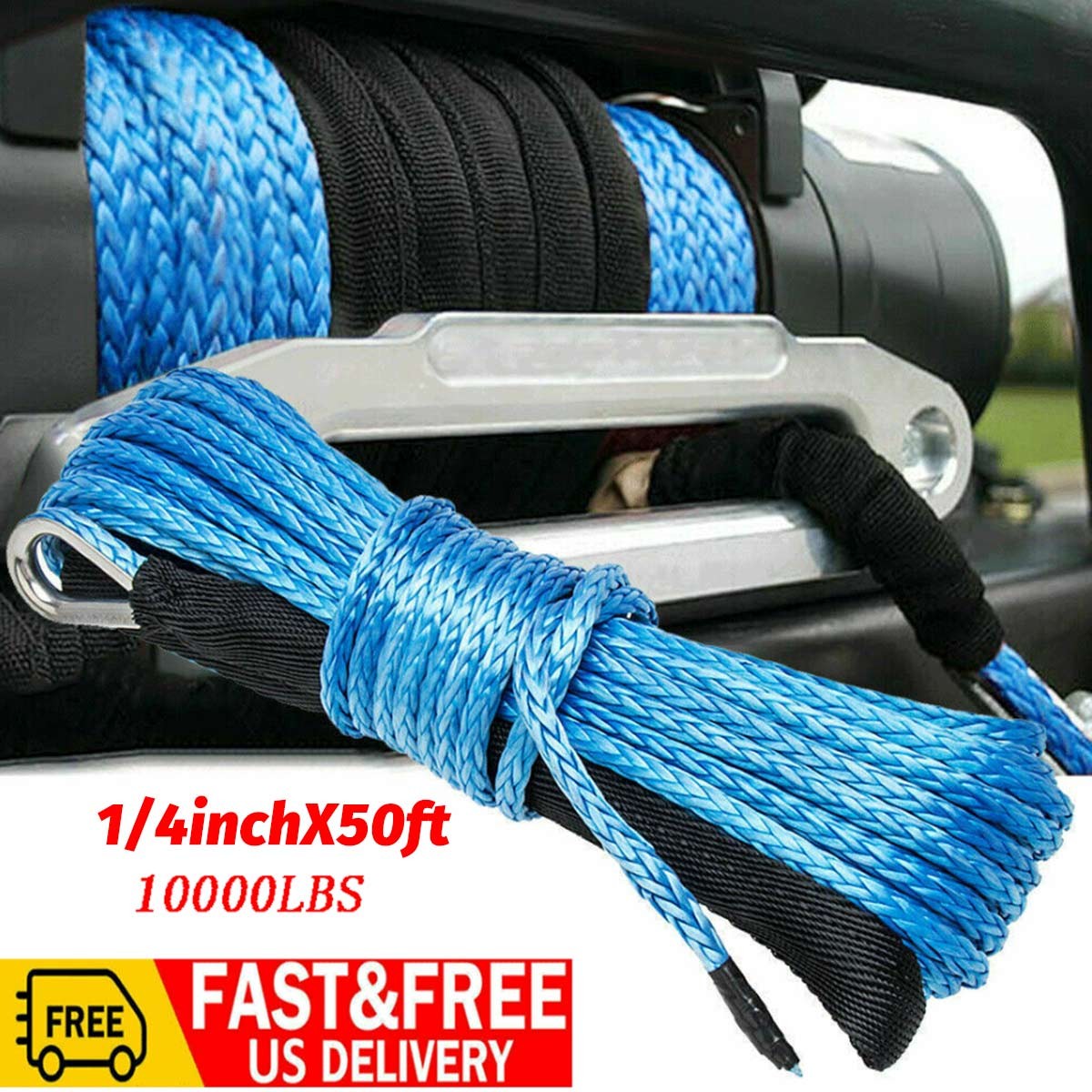1/4"x50' 10000LBS Synthetic Winch Rope Line Recovery Cable 4WD ATV SUV W/ Sheath
