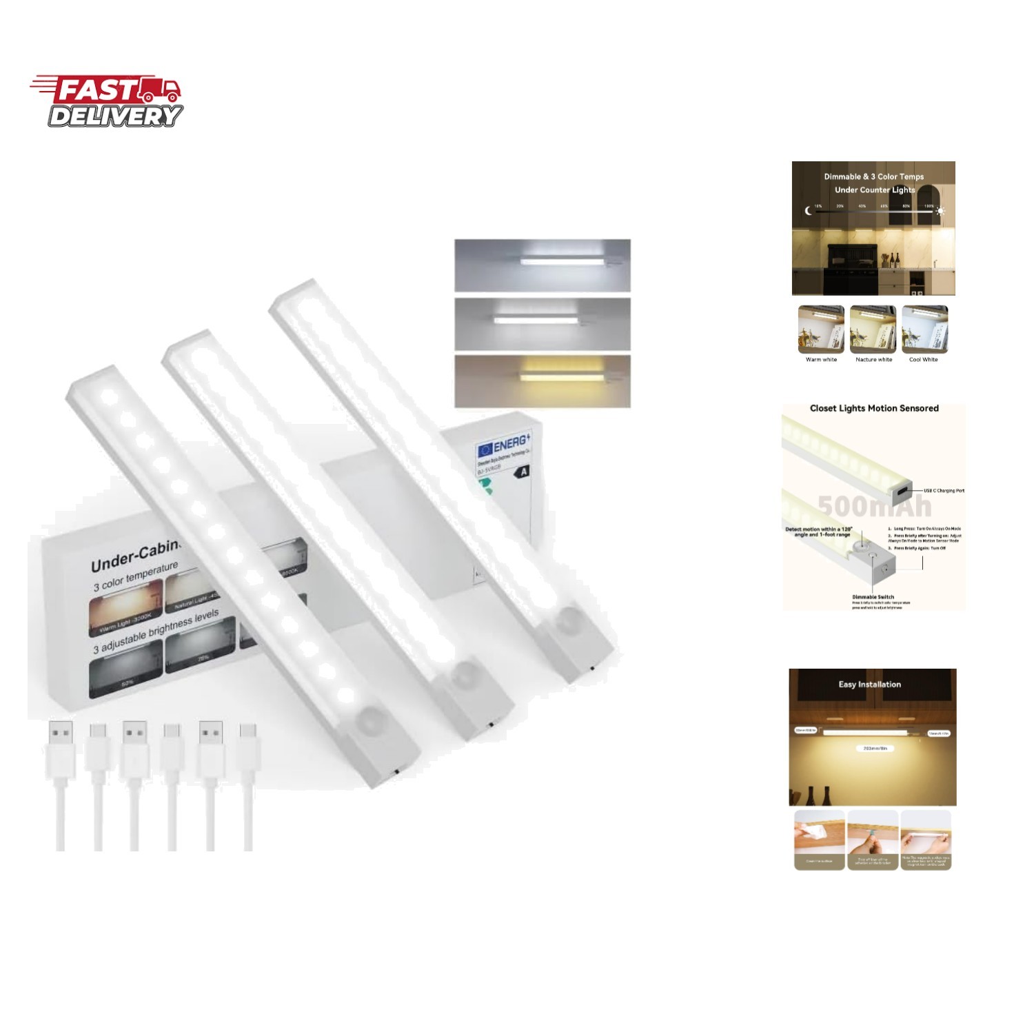Under Cabinet Lighting 8 Inches Rechargeable Motion Sensor Light Indoor, 3 Co...