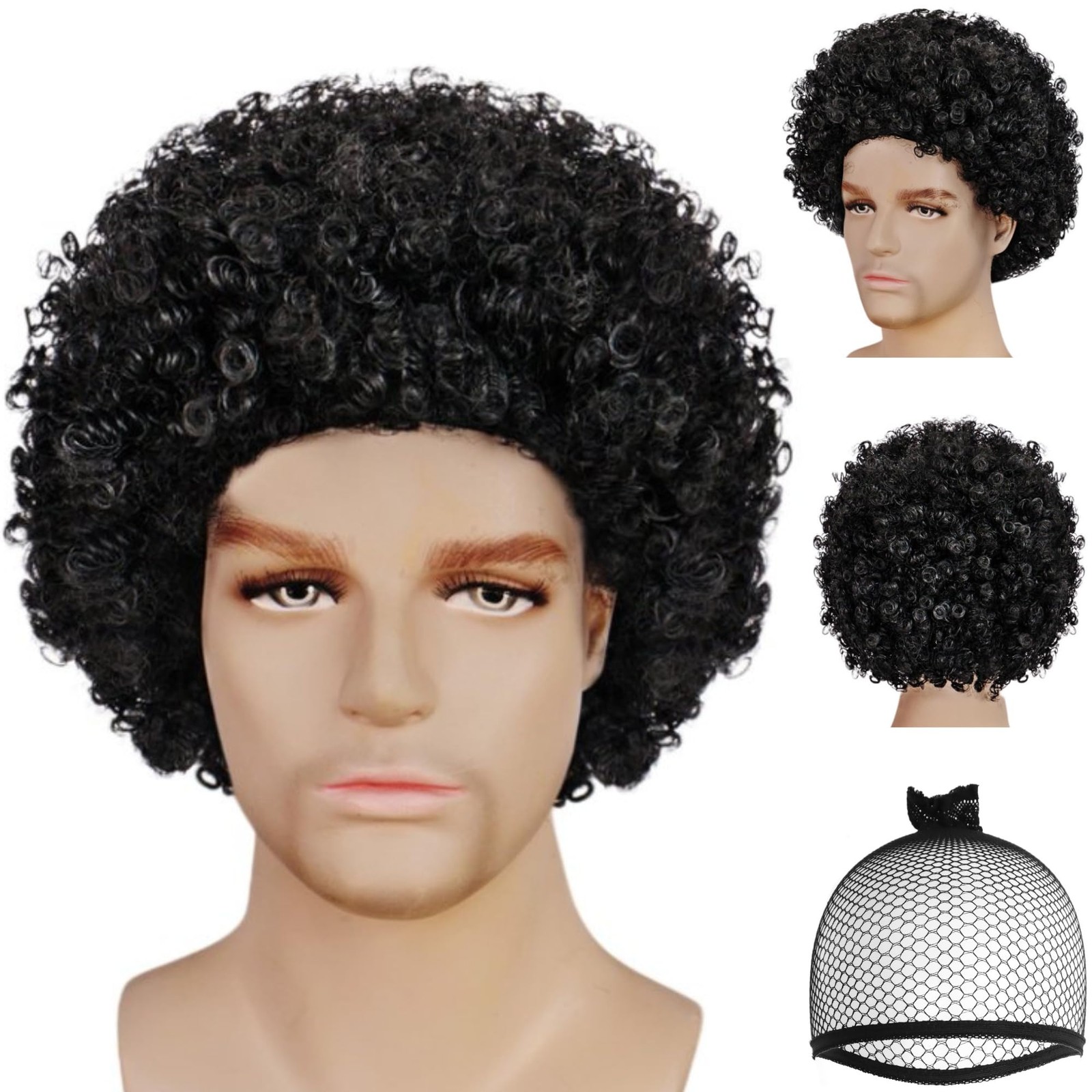 Hair Cap+ Afro Wig Men 80S 70S Outfits Black Afro Wigs Mens Disco Costume Cur...