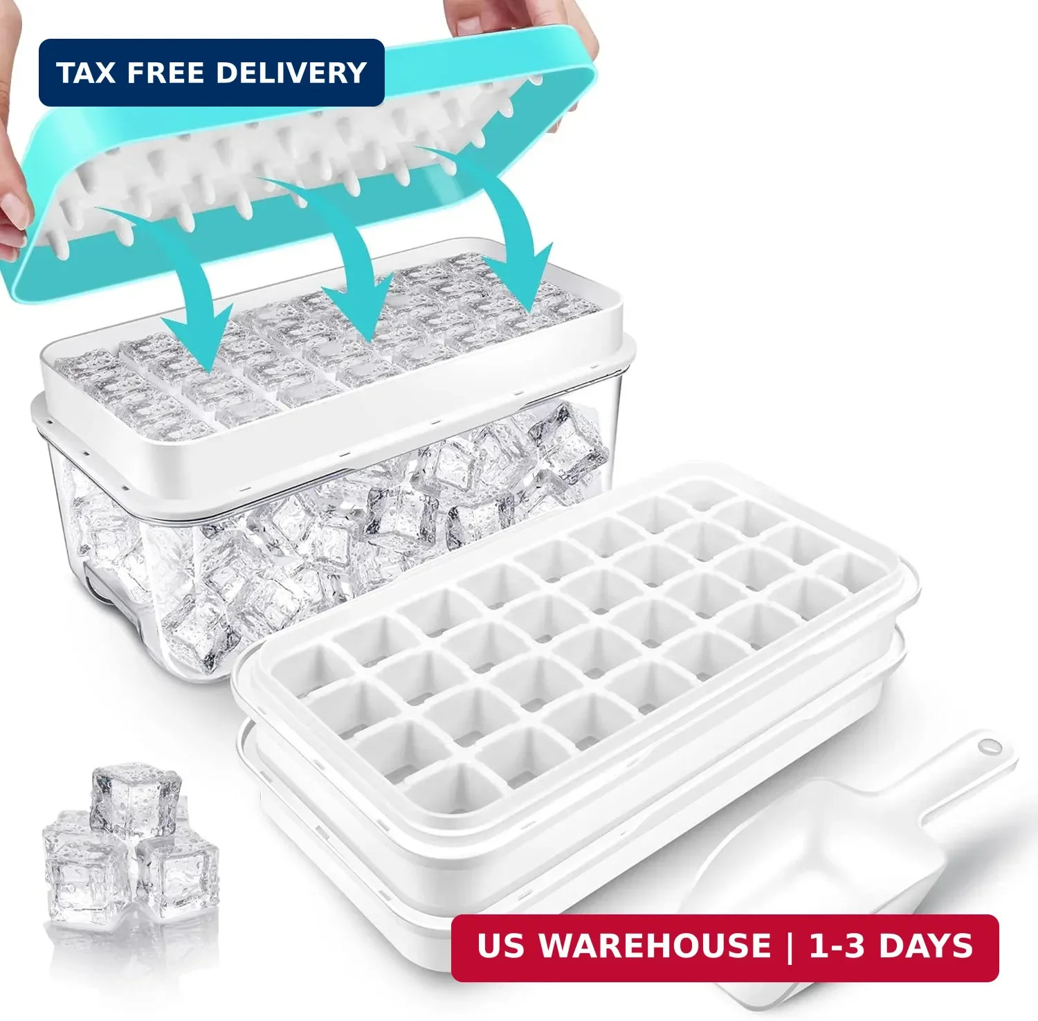 Ice Cube Trays for Freezer With Bin, Scoop, and Press Plate - 2 Tiers, Lid Inclu
