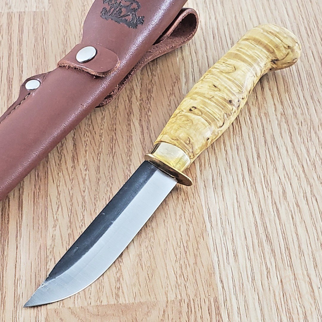Wood Jewel Scout Knife 3.25" Carbon Steel Blade Curly Birch Handle w/Brass Guard