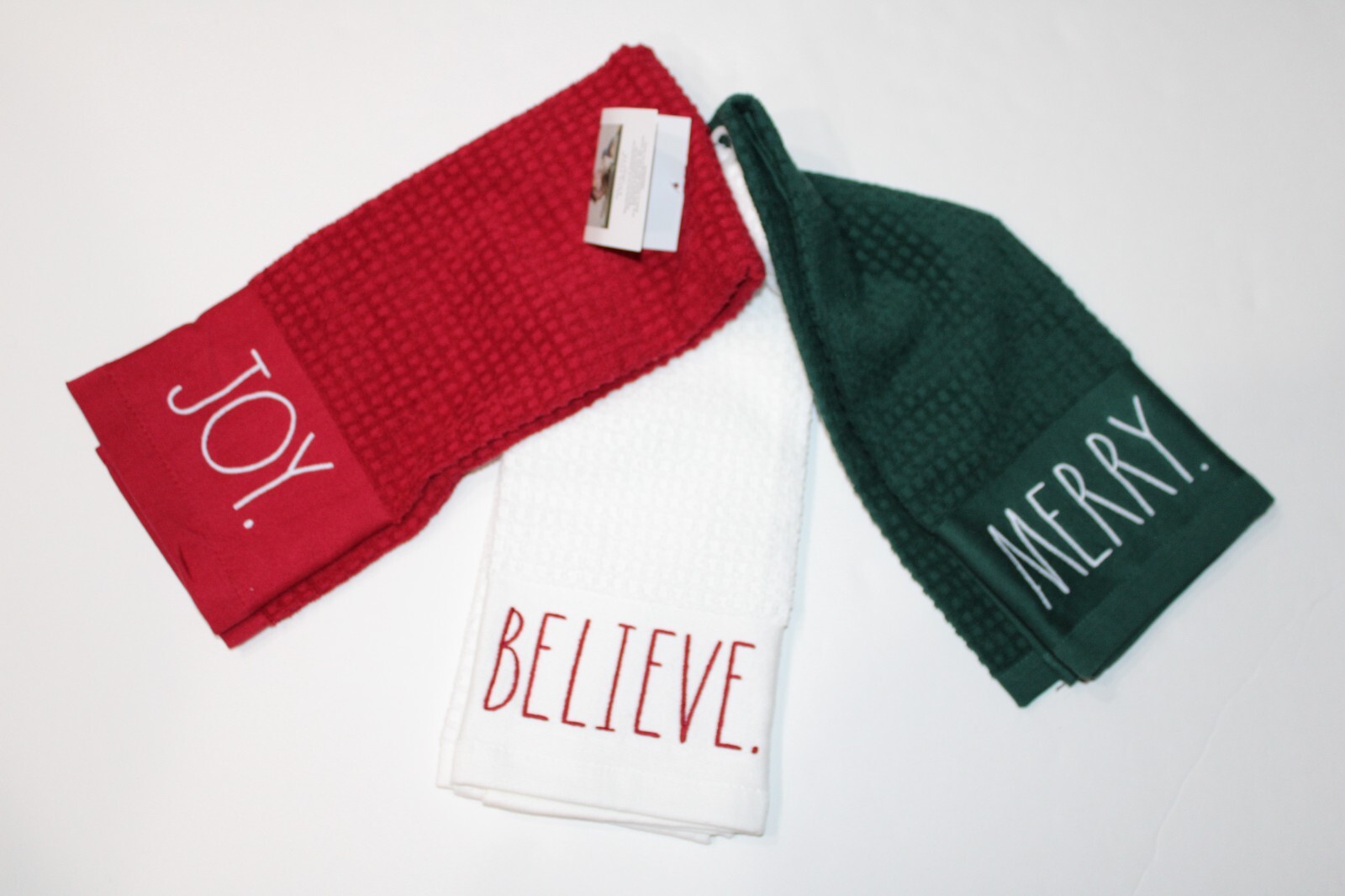 NWT Rae Dunn Christmas Merry Joy Believe Kitchen Towels Green Red White 3 Pack