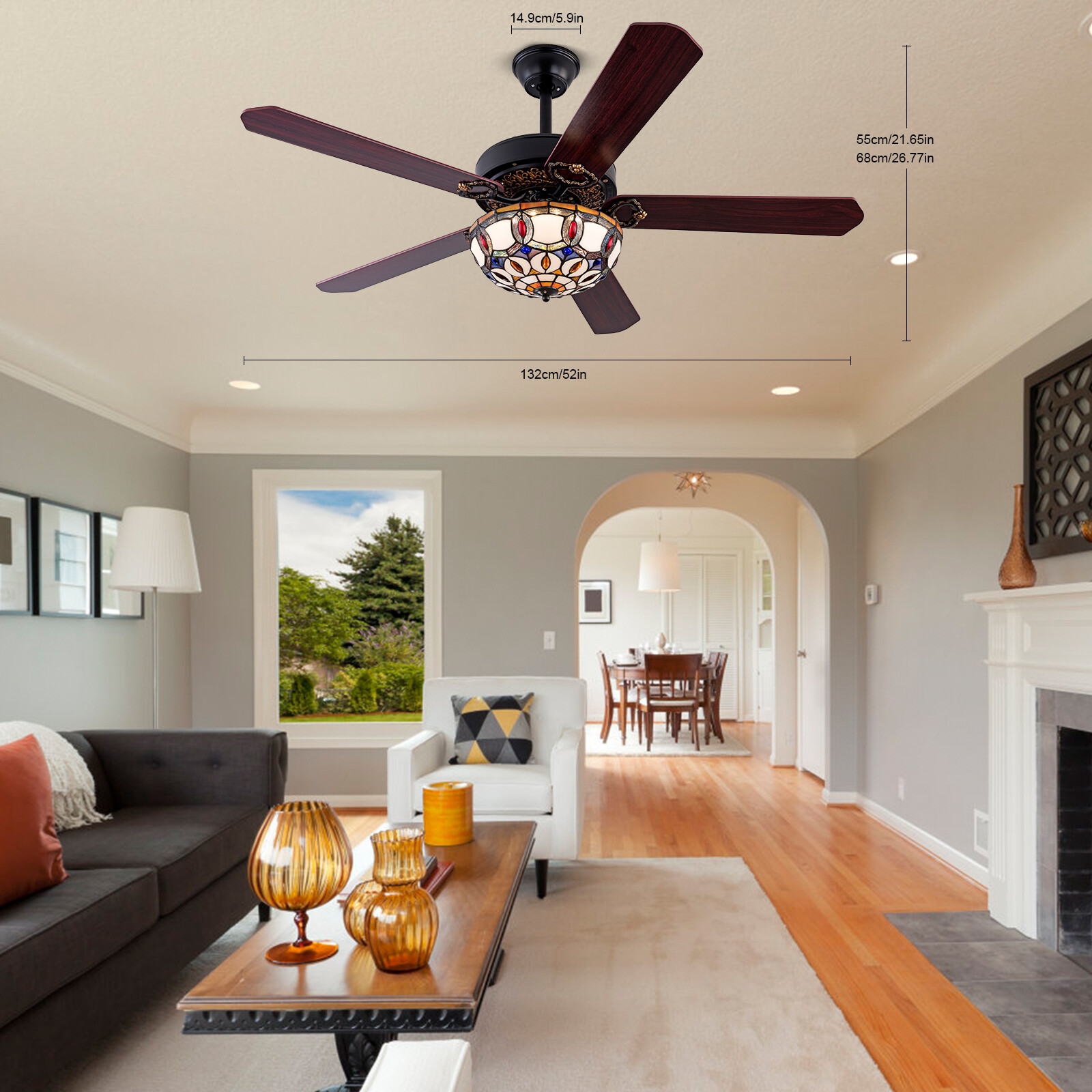 52'' Tiffany Ceiling Fan with 3 Lights +Remote Control, Wooden Ceiling Fans