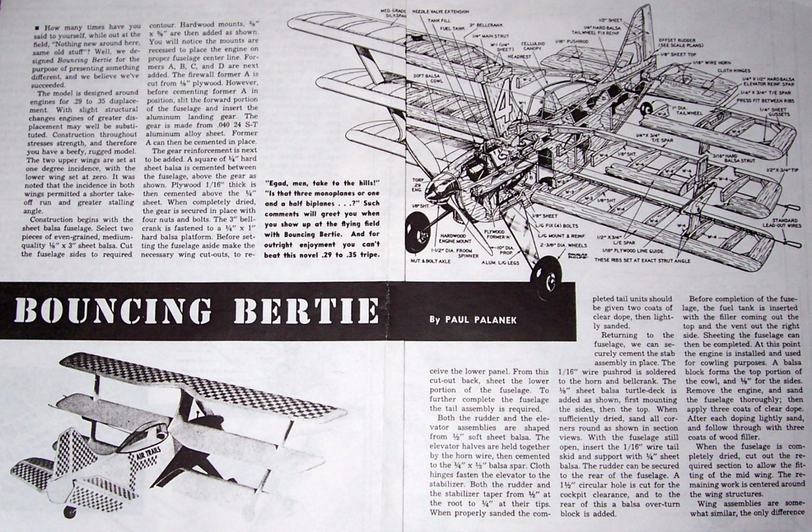 BOUNCING BERTIE PLAN + CONSTRUCTION ARTICLE to Build Famous 32" Model Airplane