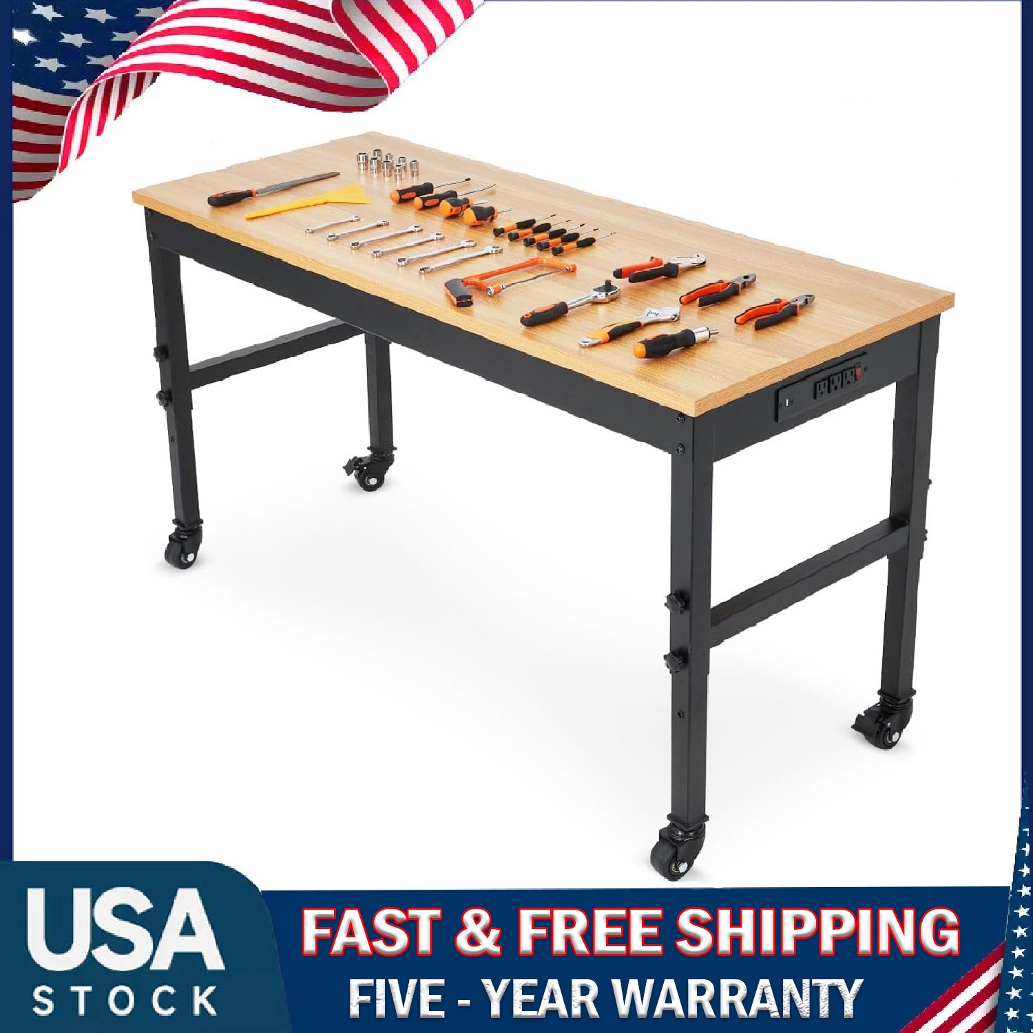 48" Workbench Adjustable Height 2500 LBS Rubber Wood Top Work Table with Wheels