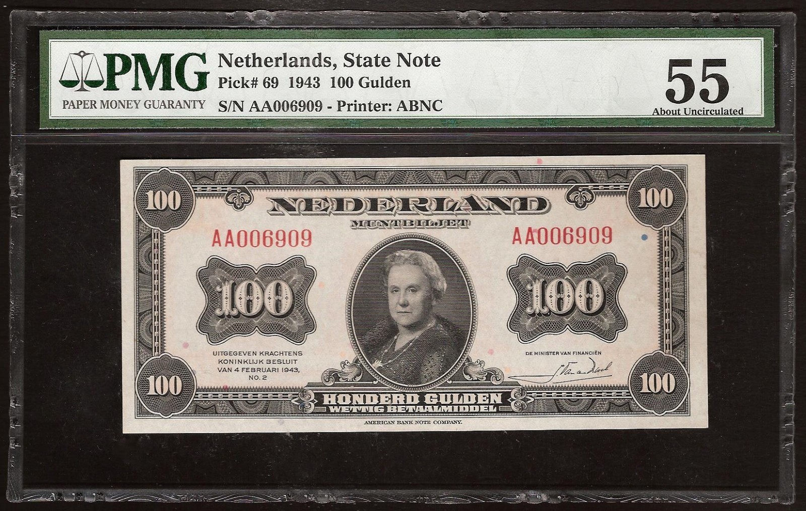 NETHERLANDS  100 Gulden  1943  P:69  aUNC  (55 PMG)