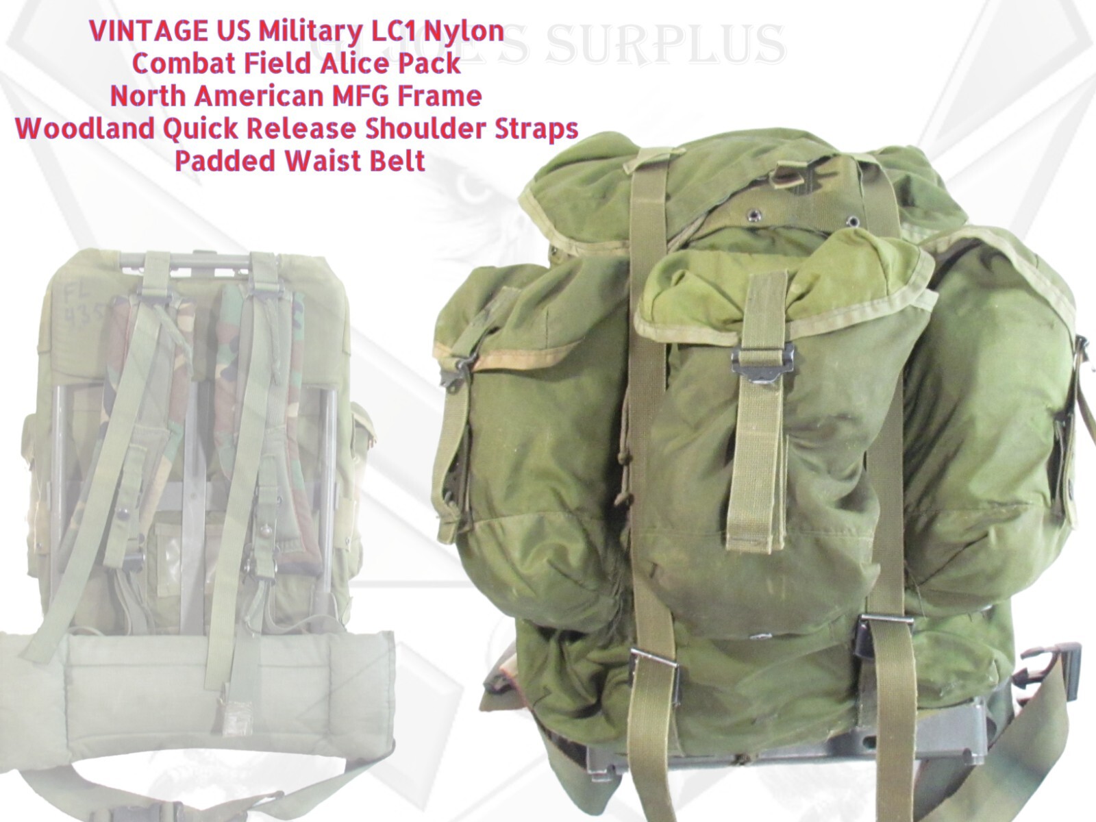 Vintage Military LC1 Combat Alice Pack Frame Woodland Straps Padded Belt HRF