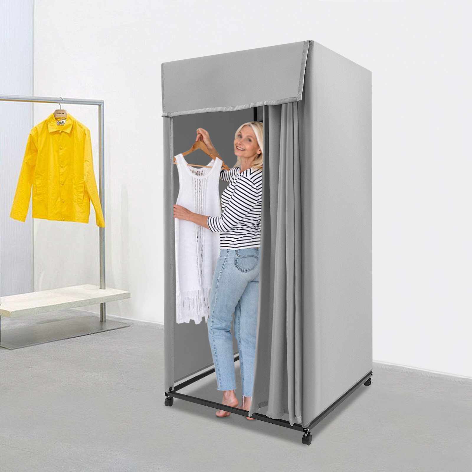 Mobile Fitting Room Portable Dressing Room Frame With Curtain & Hook Gray Color