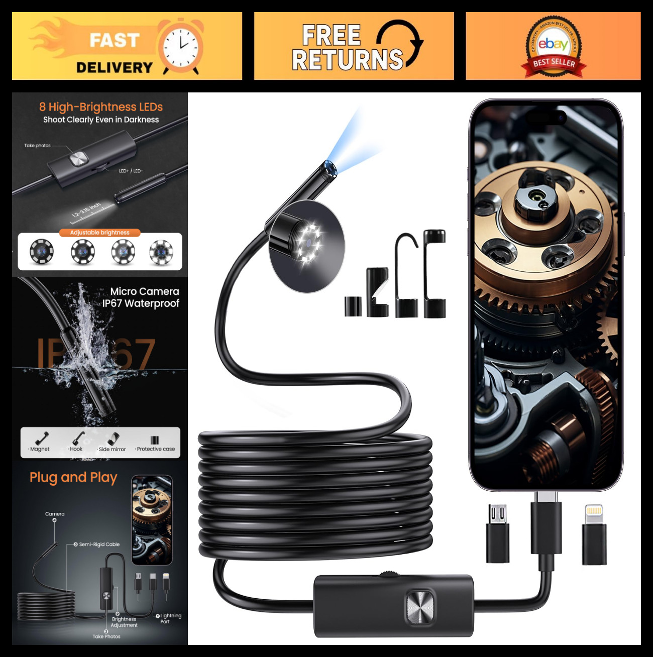 1920P HD Endoscope Camera with Dimmable LED Light, 16.4ft Waterproof Borescope