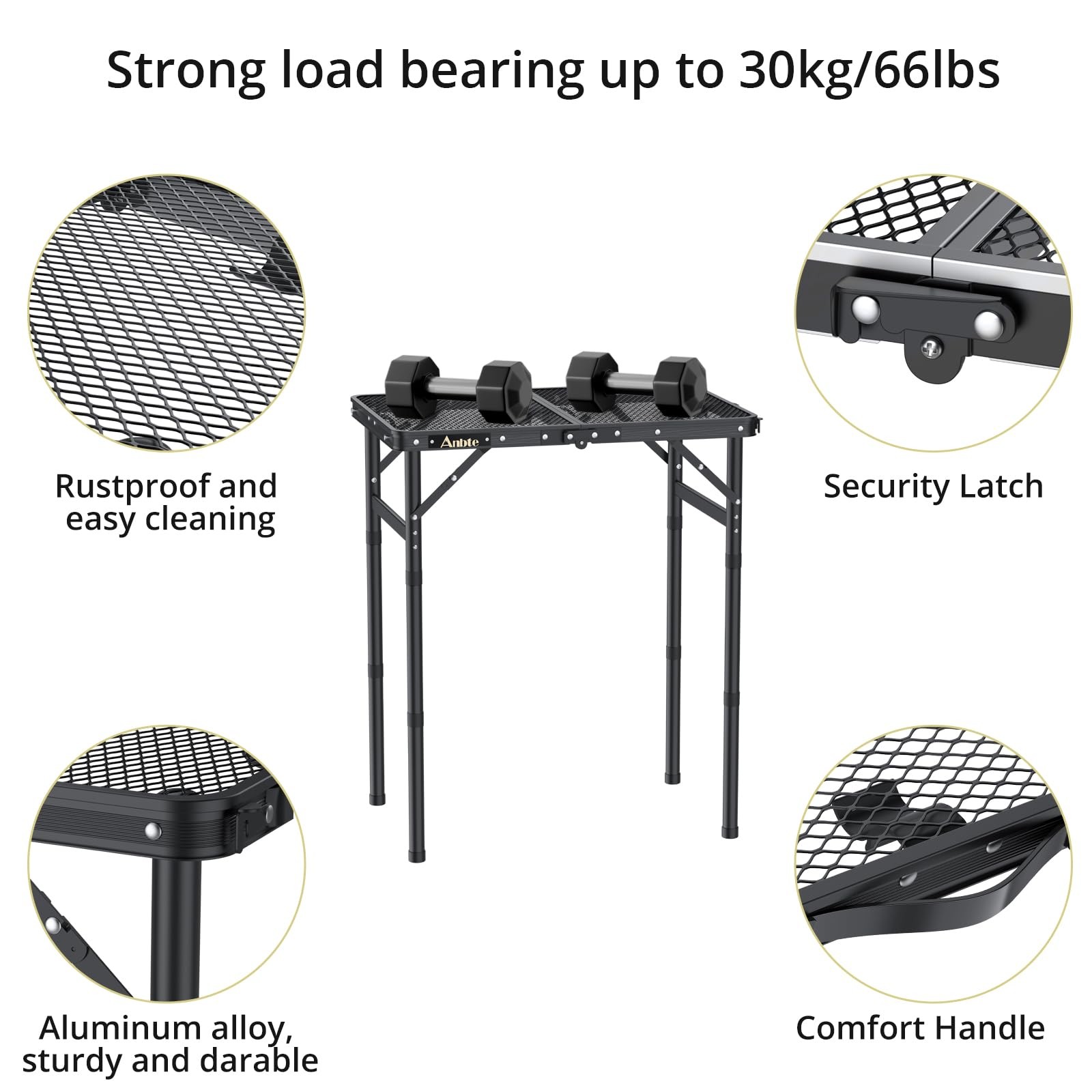 Folding Grill Table, Aluminum Camping Table Adjustable Height Max 27.5" Picni...