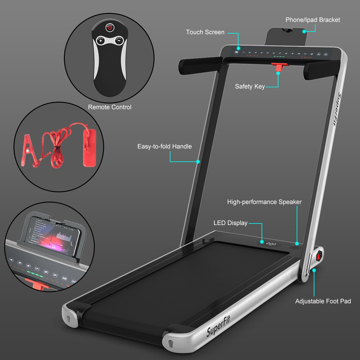 SuperFit 2.25HP Folding Jogging Machine Treadmill W/ Speaker APP Control Silver