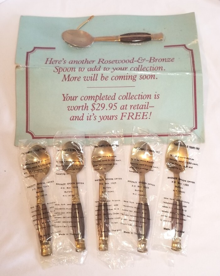 Rosewood and Bronze Set Of 6 Collector's Mini Spoons Thailand New Old Stock