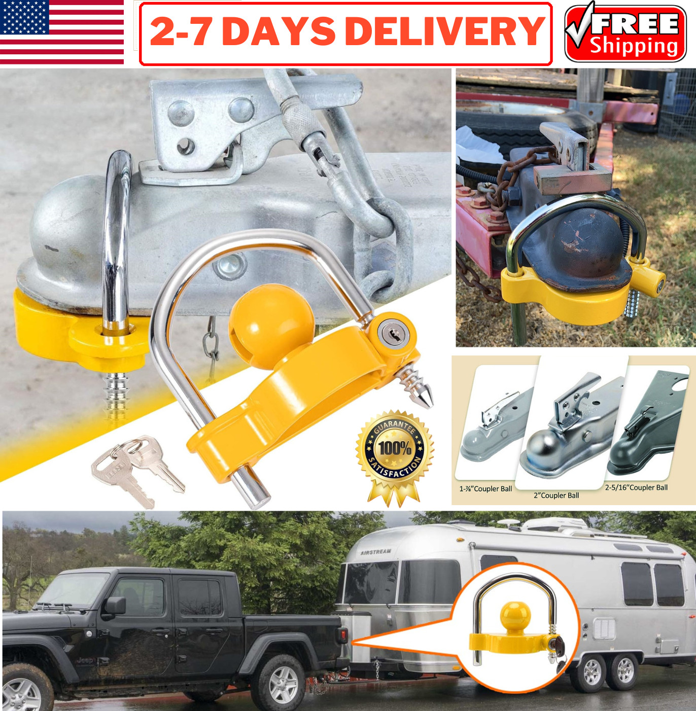 Trailer Hitch Coupler Lock Adjustable Towing Ball Lock Fits 1-7/8", 2", 2-5/16"