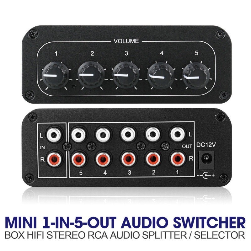 Mini HiFi Stereo RCA Audio Splitter/Selector 1-IN-5-OUT Audio Switcher Box