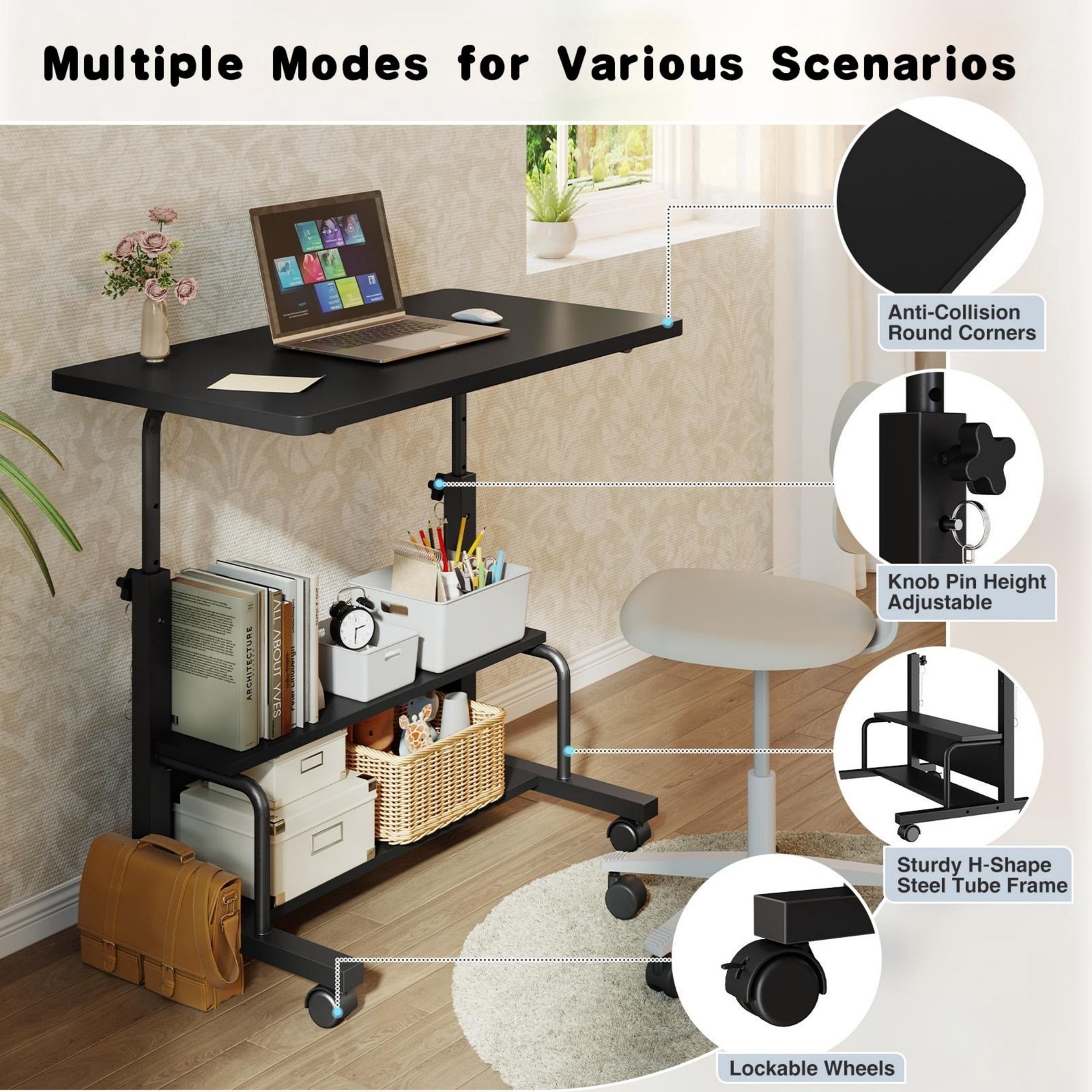 Height Adjustable Bedside Table Rolling Laptop Standing Desk w/2 Tier Storage