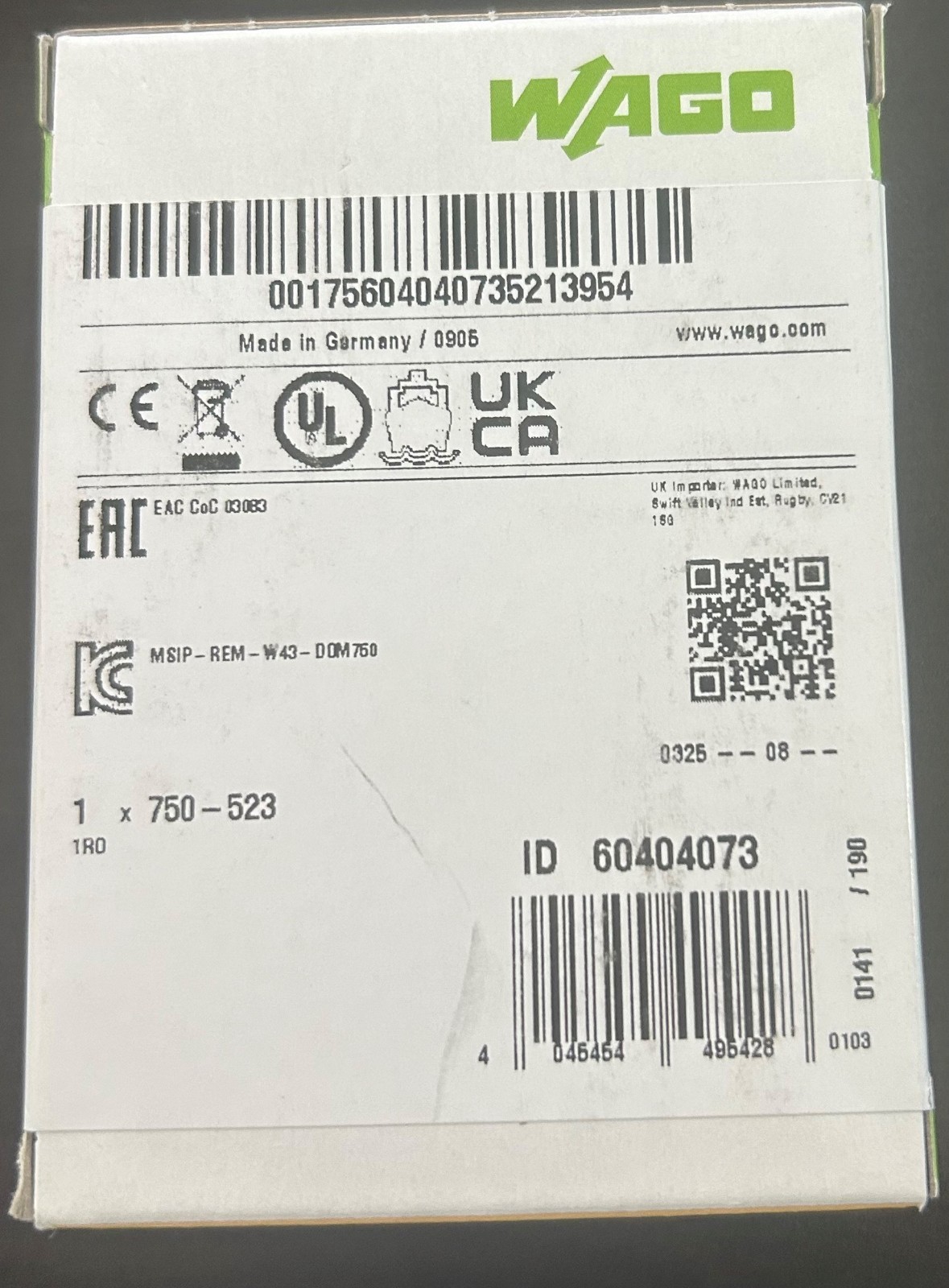 WAGO 750-523 1 channel relay output module 250vac 16a. New in Box