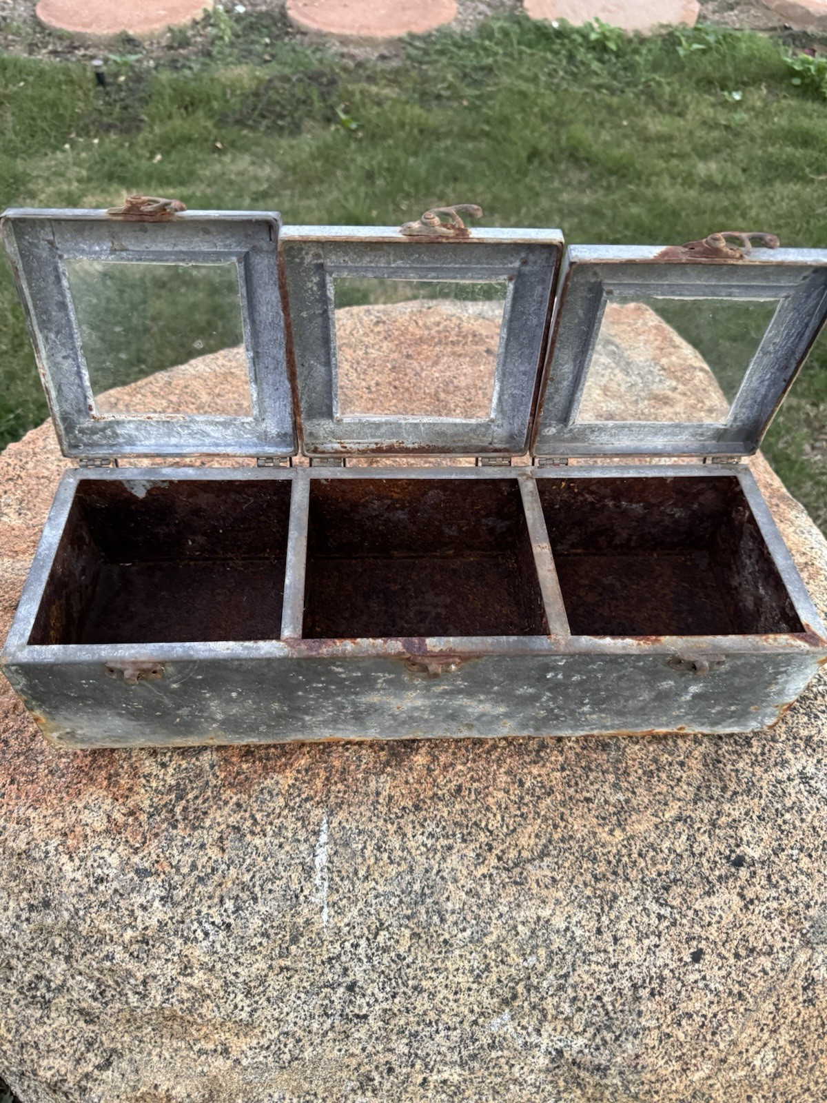 Vintage Zinc 3 Window Storage Box Mercantile Store Display Divided Distressed