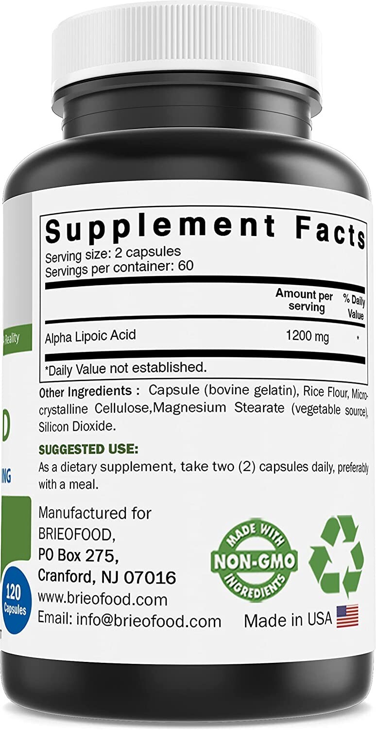 Brieofood Alpha Lipoic Acid 1200mg per Serving 120 Capsules