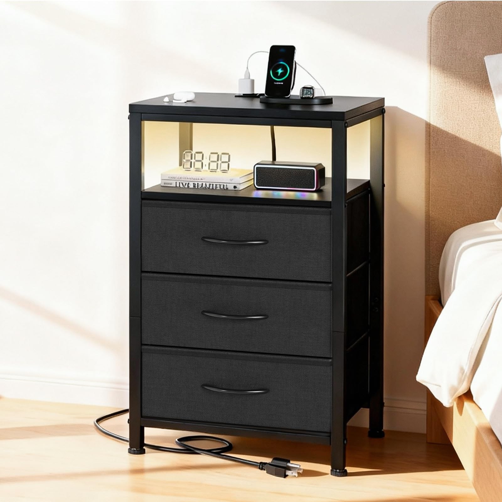 3-Drawer Nightstand with Charging Station, USB/Type-C  Outlets, LED Black
