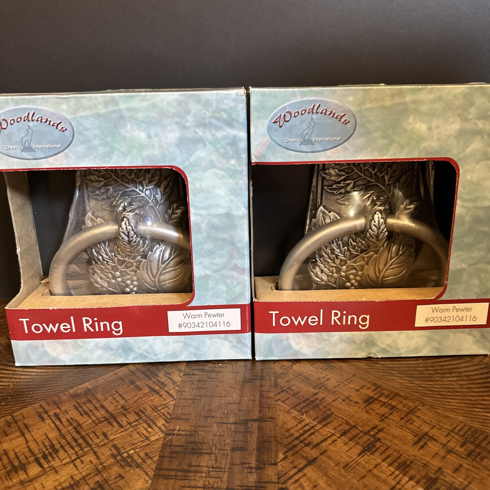 Woodlands Warm Pewter Leaf Design Towel Rings Set of 2 – Rustic Bath Hardware