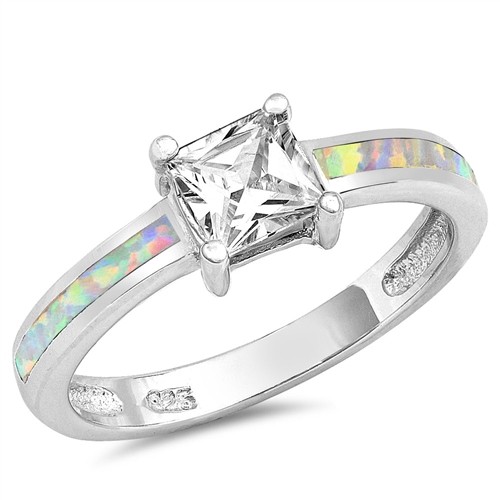Princess Cut Cubic Zirconia & Lab Opal Ring with Sterling Silver Band