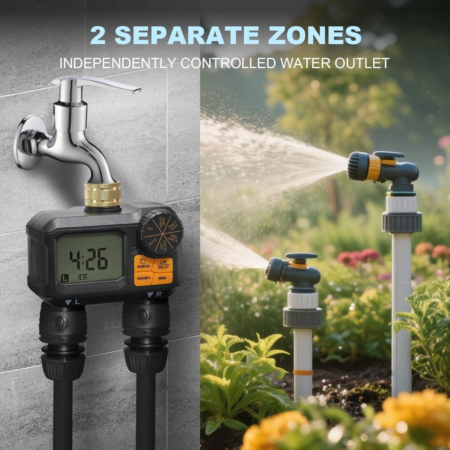 2 Zone Garden Hose Water Timer - Programmable Sprinkler with Rain Delay & Manual