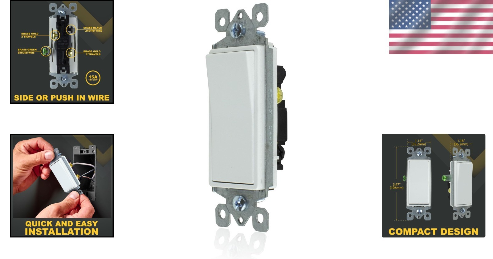Compact 15A Rocker Switch for 3-Way Lighting, Easy Install, -Certified White