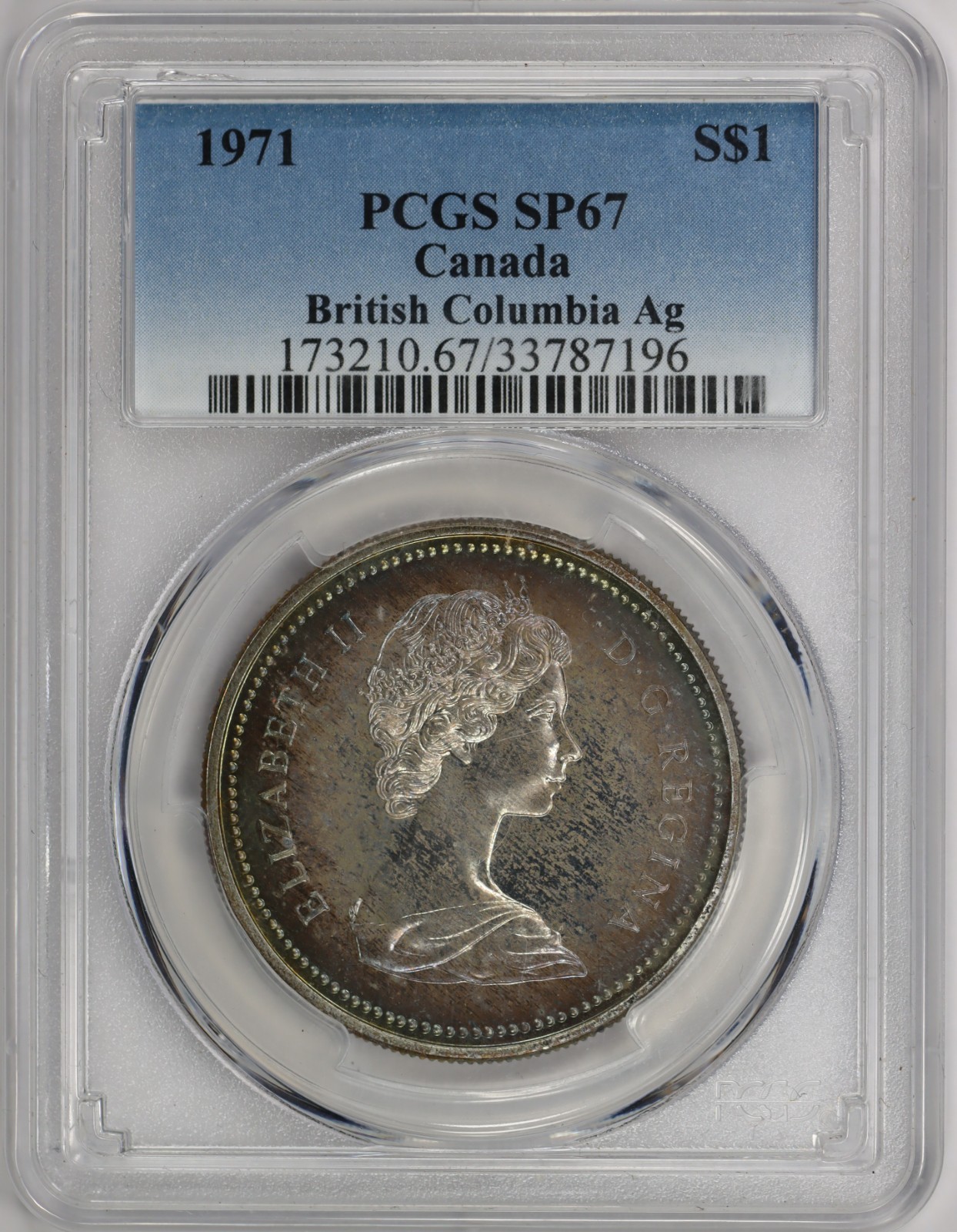 1971 PCGS SP 67 Canada Silver Dollar Rainbow Toned Obverse And Reverse