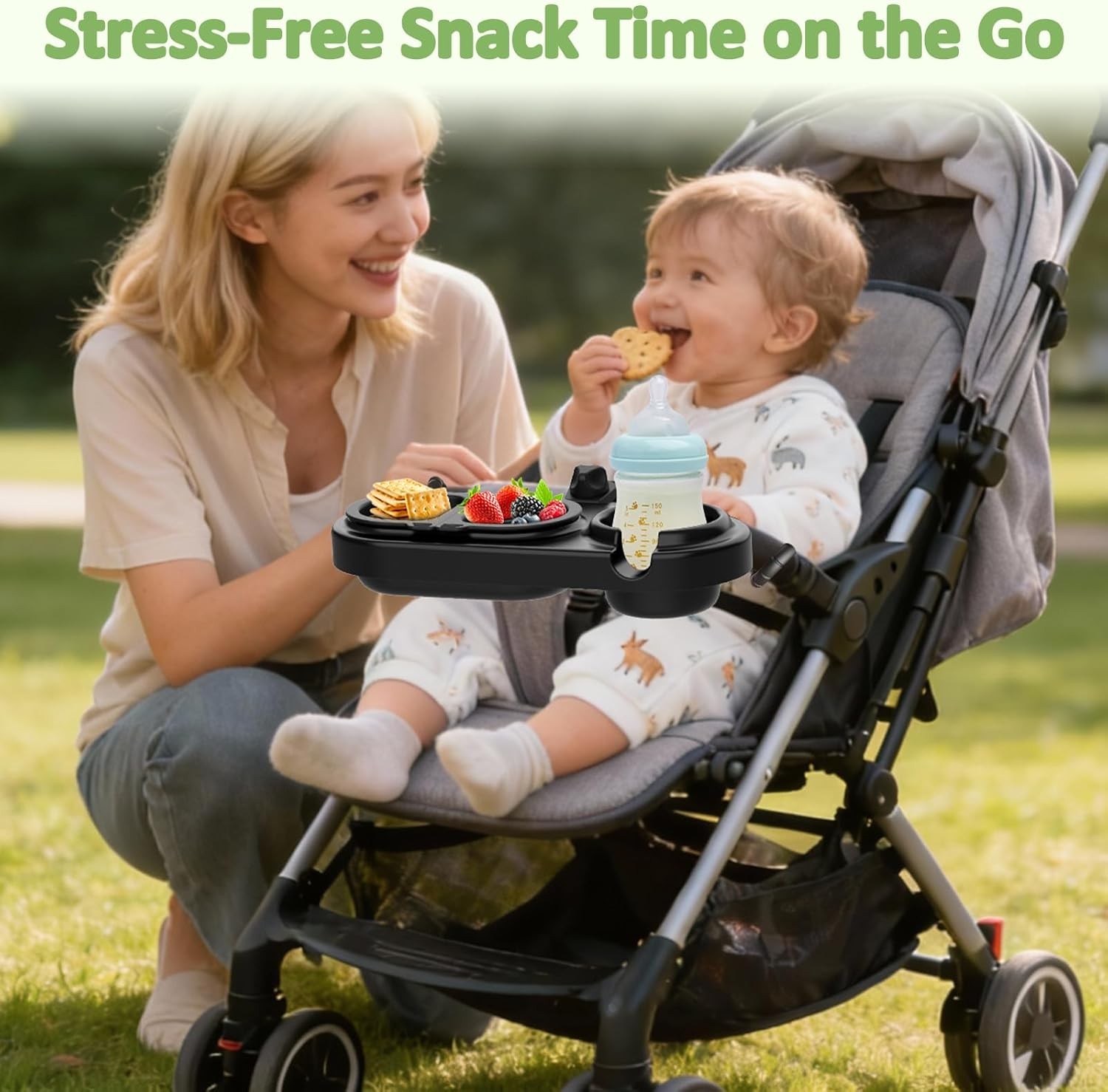 Universal Stroller Snack Tray with 3 Detachable Silicone Bowls, Anti-Slip Silico