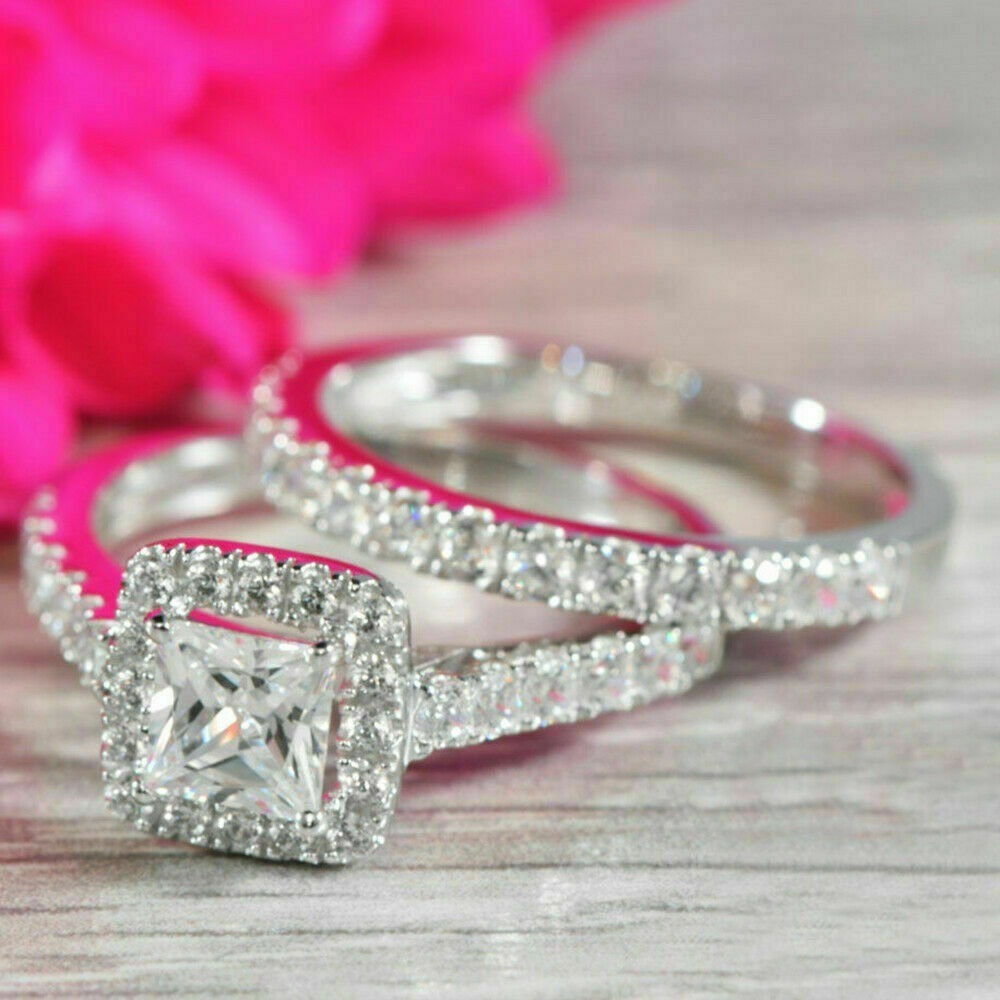 Princess Cut 2.10 Ct Diamond Lab-Created Engagement Ring Set 925 Sterling Silver