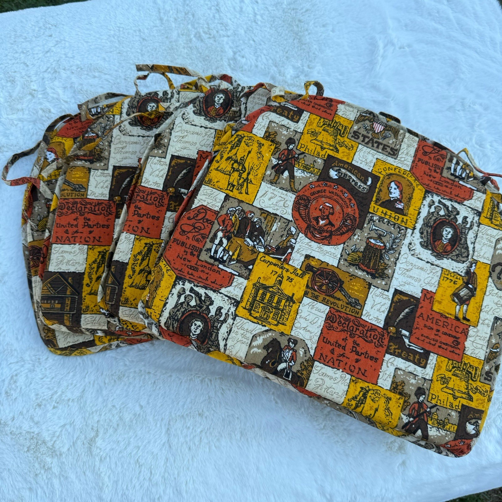 Vintage Colonial Orange Yellow Brown Dining Chair Cushions Set Of 4