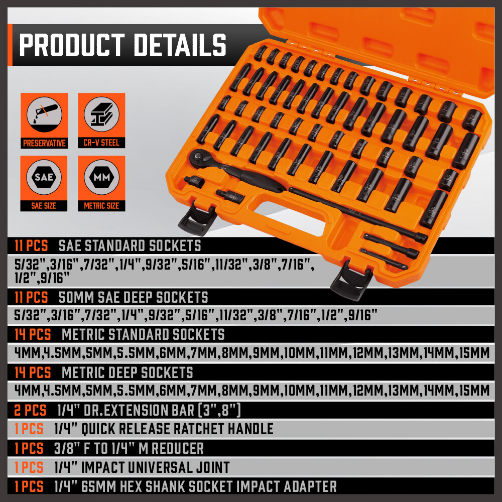 56PC 1/4" Drive Shallow & Deep 6-Point Socket Set Extension Bar Universal Joint