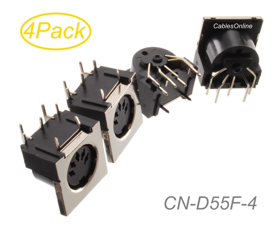 4-Pack DIN 5-Pin Female PCB Mount Right-Angle Shielded Connector, CN-D55F-4