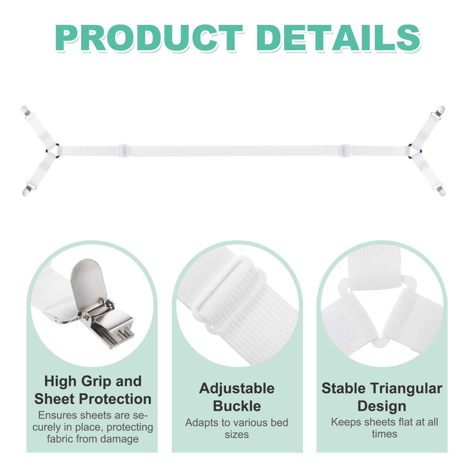 4Pcs Bed Sheet Holder Straps Elastic Adjustable 2 Way Cross 4 Clips, White