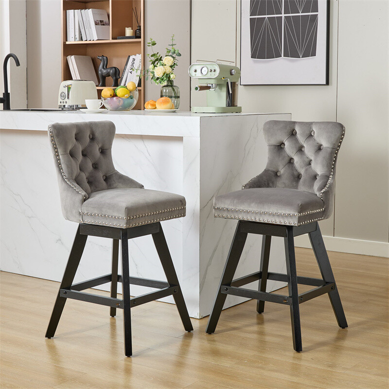 Set of 2 Swivel Velvet Barstools w/Button Tufted Decoration & Wooden Legs Gray