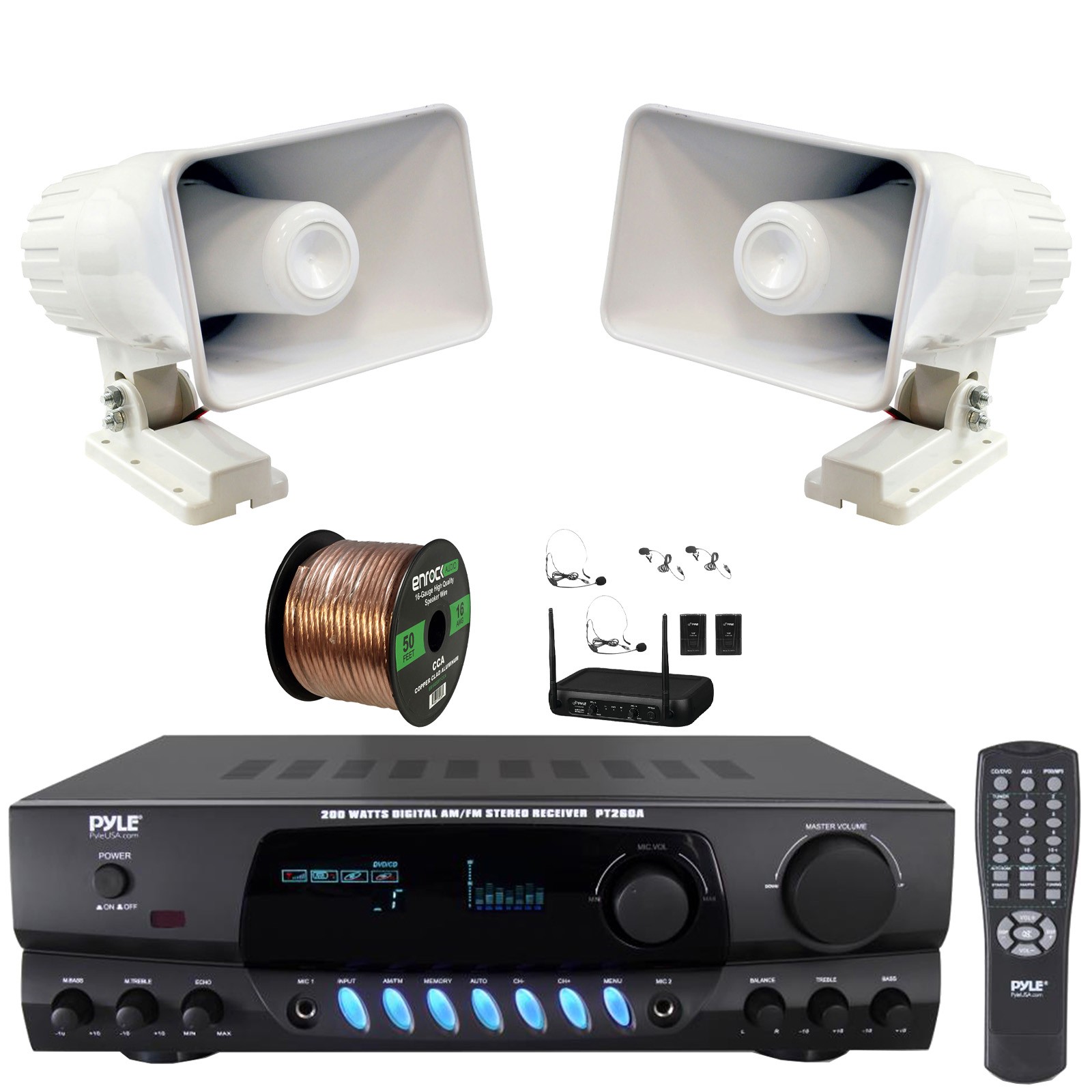 Pyle PT260A Home Audio Screen Receiver, 2x 6'' 50W PA Horn Speakers, Mic System