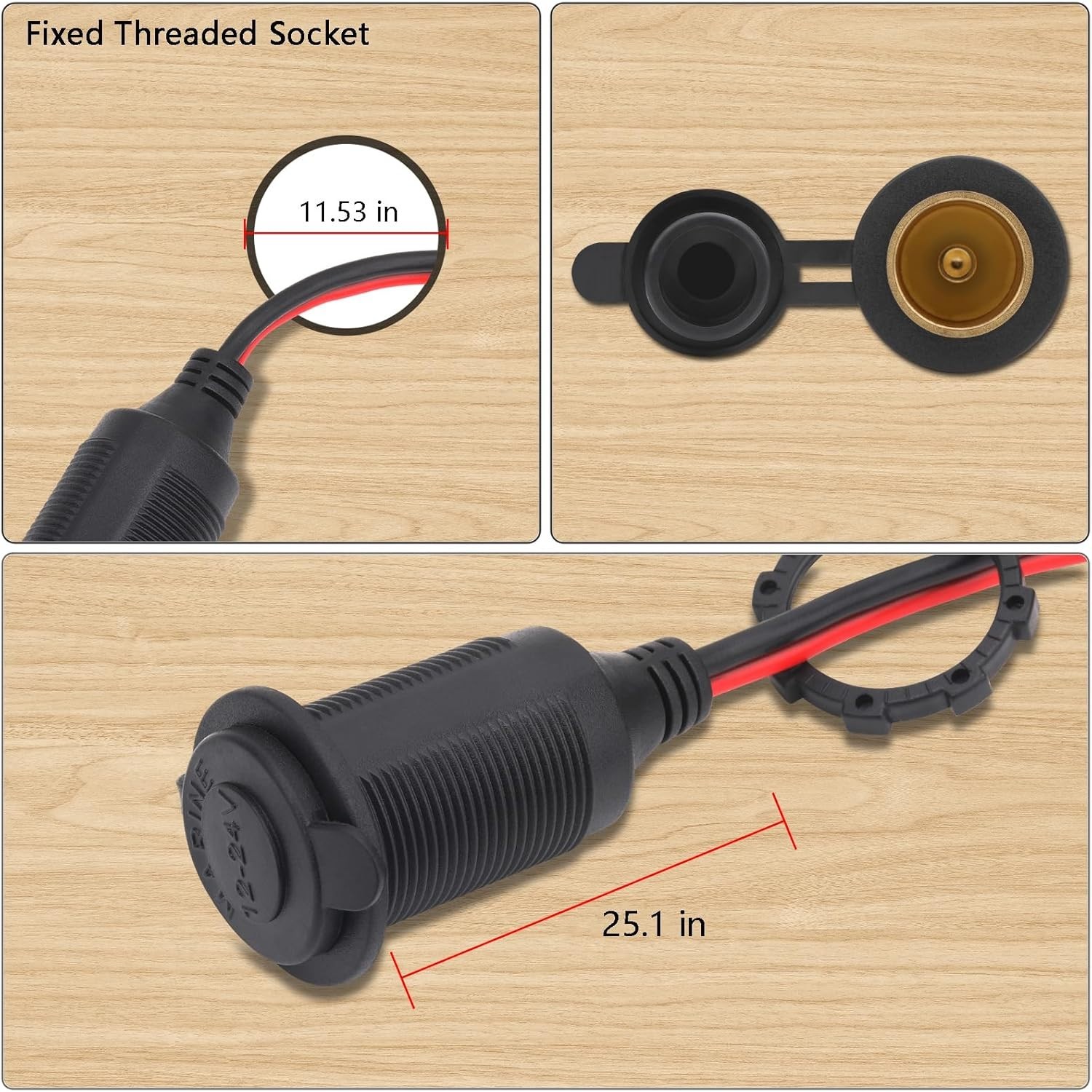 4FT 12V/24V Fixed Thread Cigarette Lighter Socket Extension Cable with Perfor...