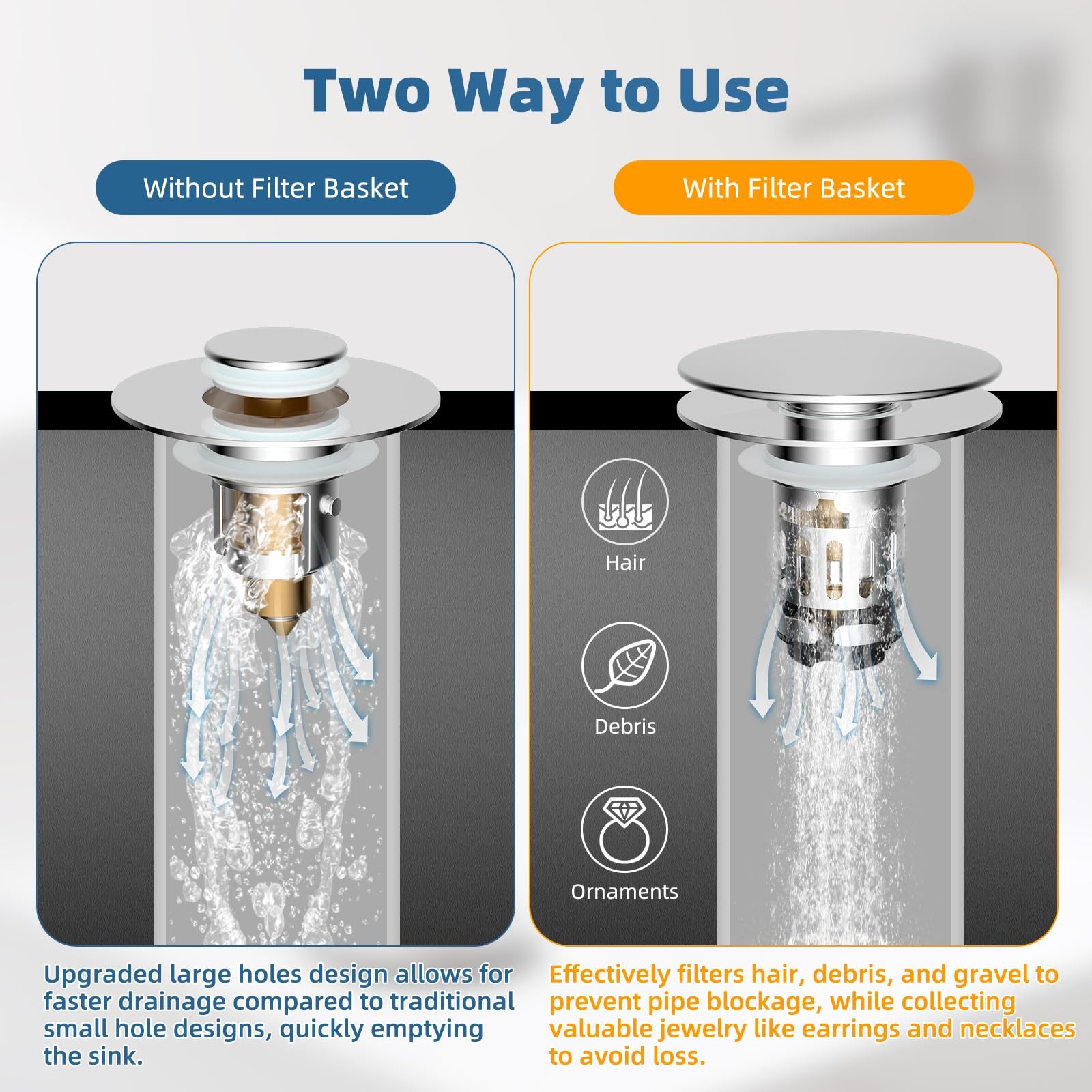 Hibbent Upgraded 3 in 1 Bathroom Sink Drain Strainer, Universal Pop Up Chrome