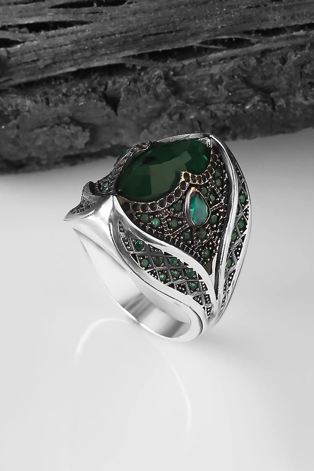 Emerald Stone Men Silver Ring, 925 Sterling Silver Emerald Gemstone Ring,