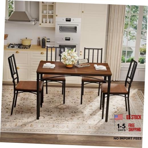 GDFStudio 43.3" Dining Table Set with 4 Chairs, Industrial Kitchen Bar Walnut