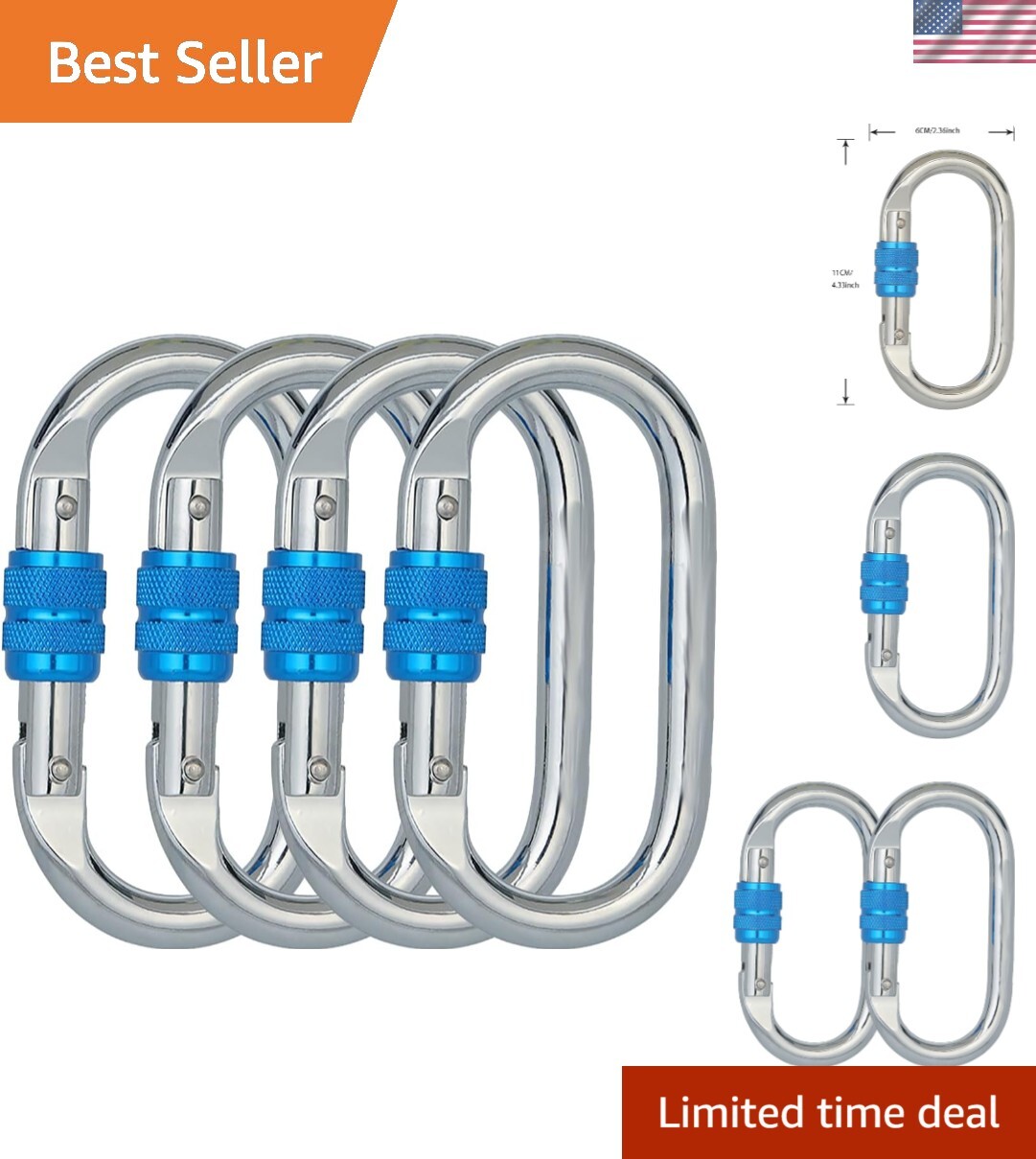 Industrial Strength Blue Carabiner Clips 25 kN - 4 Pack for Outdoor Adventures