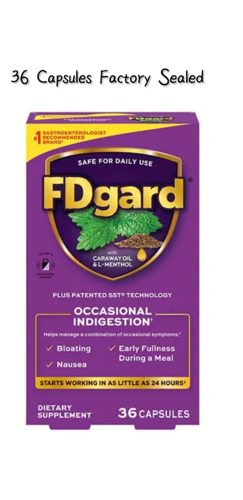 FDgard Occasional Indigestion Dietary Supplement 36 Capsules New In Original Box