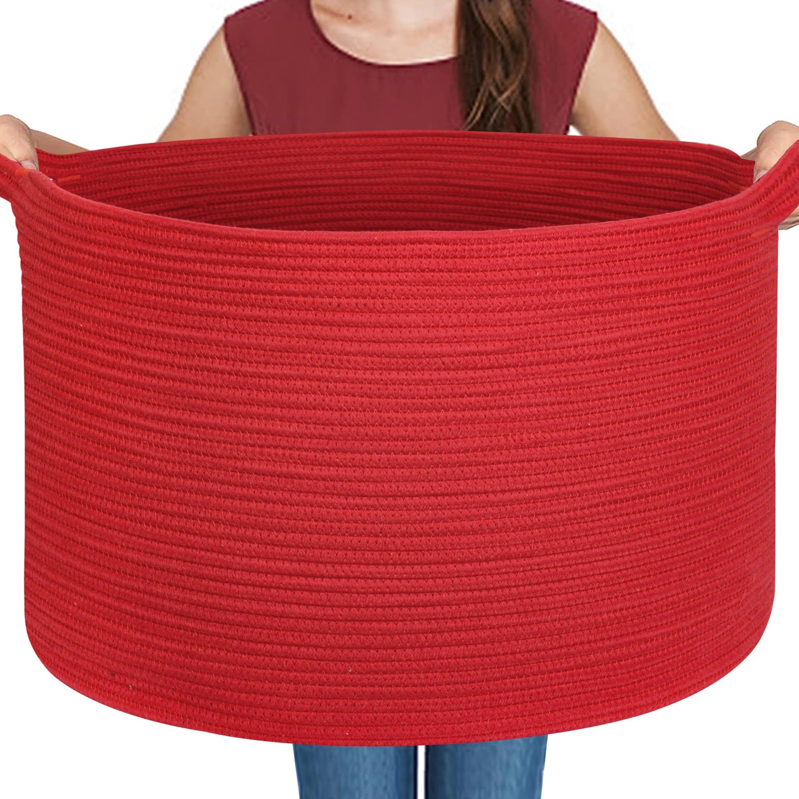 MEGASKET Extra Large Red Basket for Organizing, 22" X 22" X 14" Woven Cotton ...