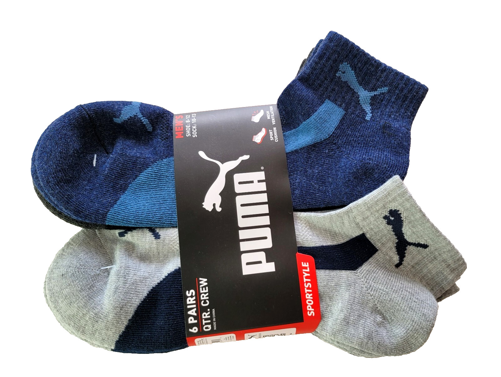 Puma Men's Quarter Crew Socks 6 Pack L Blue Black Gray Half Terry Sport Cushion