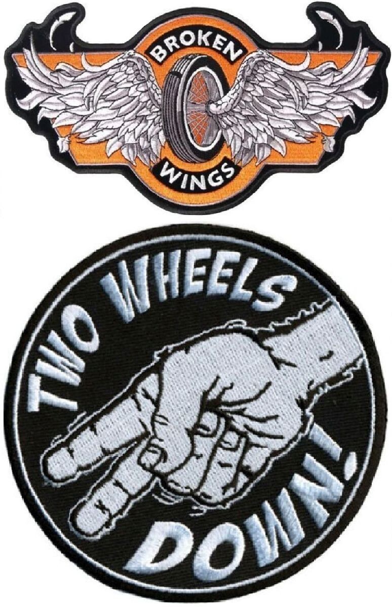BROKEN WINGS TWO WHEELS DOWN BIKER PATCH  - 2PC - 4.0 INCH
