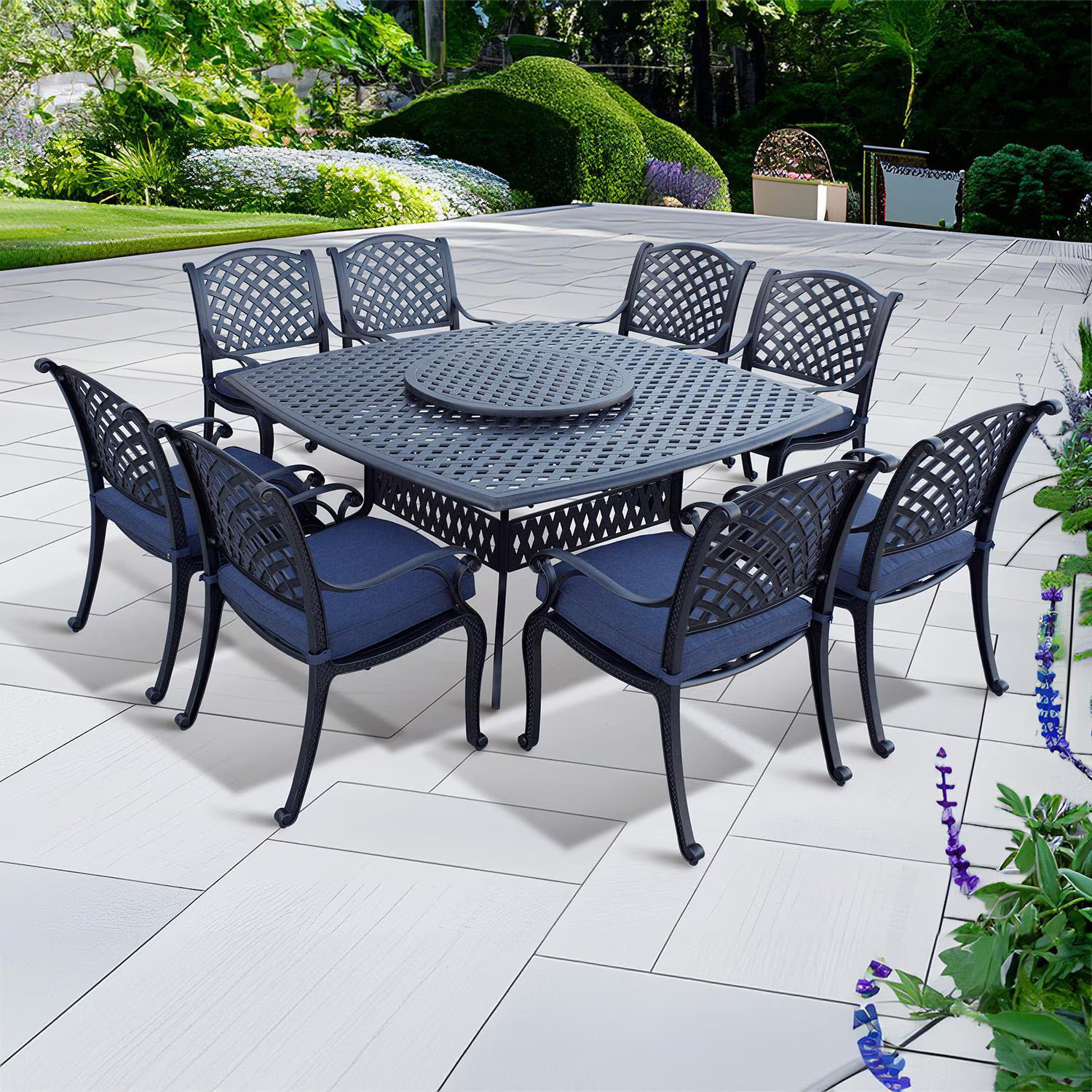 Nassau 10 Pc Cast Aluminum Dining Set 64 Inch Square Series 30 Table & Lazy